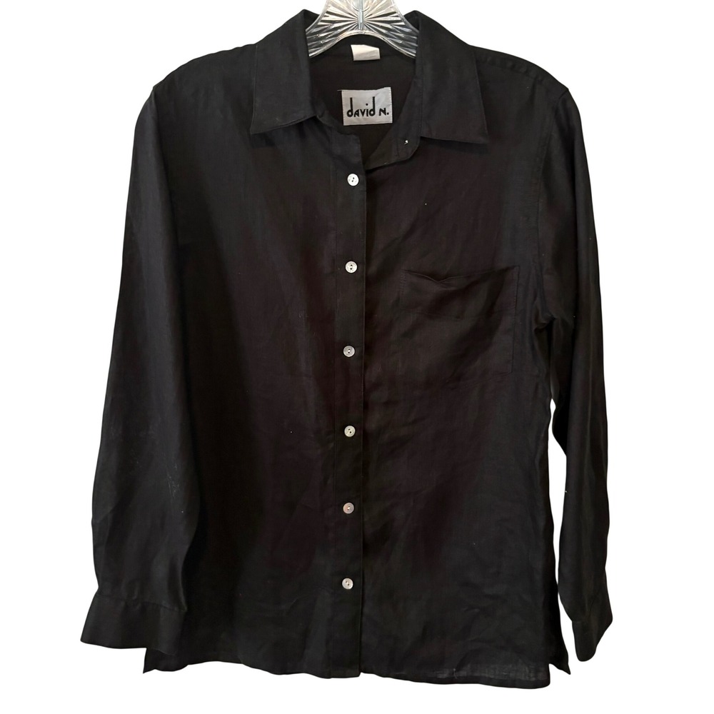 David N Black Linen Classic Button Front Long Sleeved Shirt in‎ Size S